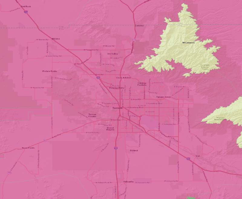 Map showing the Blowing Dust Advisory area (highlighted), covering Upper Santa Cruz River and Altar Valleys including Nogales; Tucson Metro Area including Tucson/Green Valley/Marana/Vail; Upper San Pedro River Valley including Sierra Vista/Benson; Eastern Cochise Co….