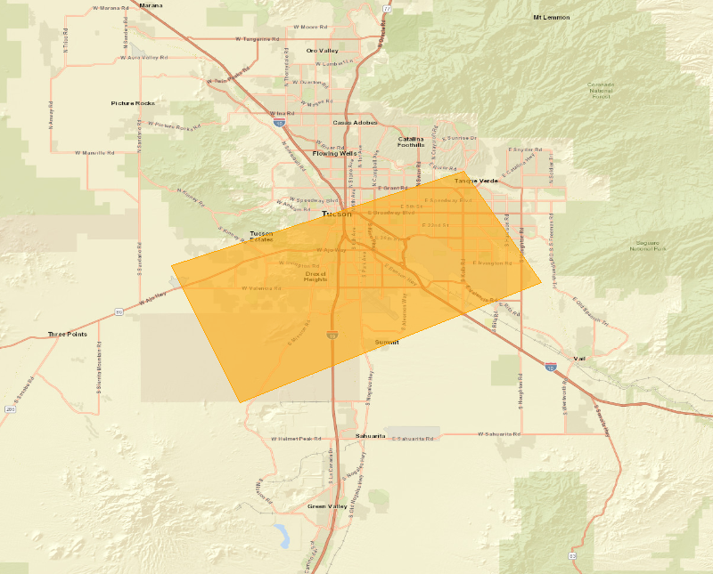Map showing the Severe Thunderstorm Warning area (highlighted), covering Pima, AZ.