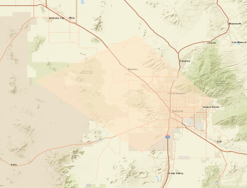 Map showing the Dust Storm Warning area (highlighted), covering Pima, AZ; Pinal, AZ.