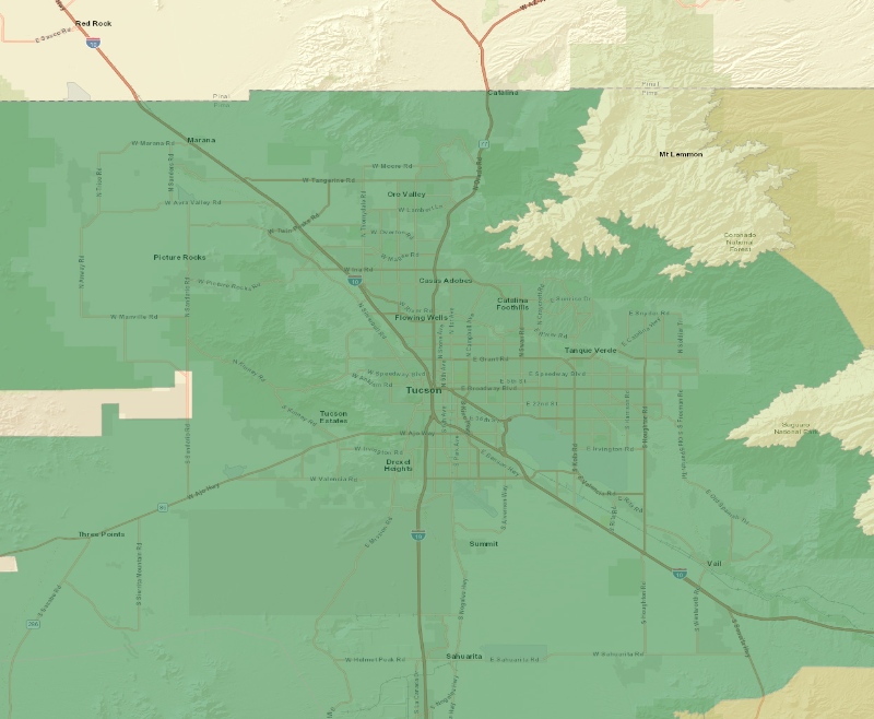 Map showing the Flood Watch area (highlighted), covering Upper Santa Cruz River and Altar Valleys including Nogales; Tucson Metro Area including Tucson/Green Valley/Marana/Vail; Upper San Pedro River Valley including Sierra Vista/Benson; Eastern Cochise Co….