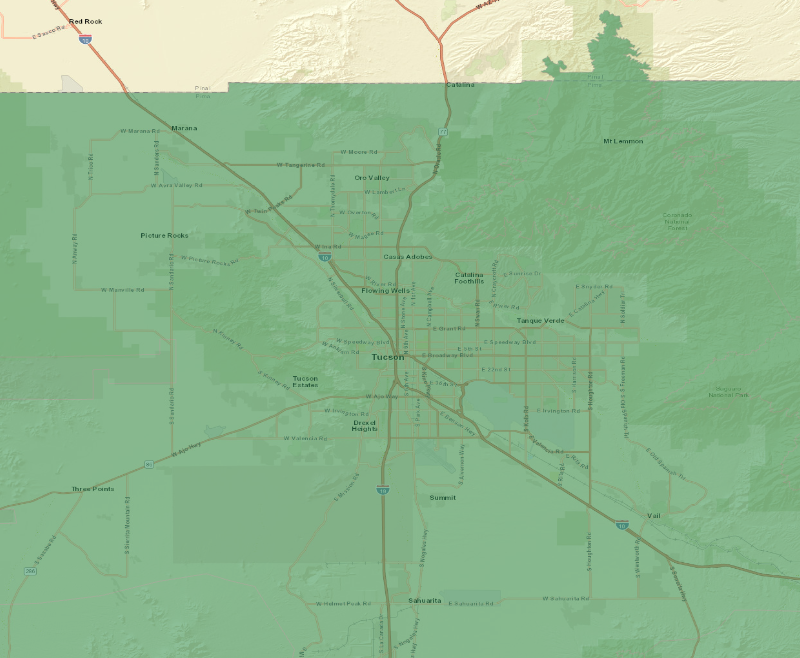 Map showing the Flood Watch area (highlighted), covering Tohono O'odham Nation including Sells; Upper Santa Cruz River and Altar Valleys including Nogales; Tucson Metro Area including Tucson/Green Valley/Marana/Vail; Upper San Pedro River Valley including….