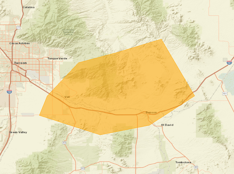Map showing the Severe Thunderstorm Warning area (highlighted), covering Cochise, AZ; Pima, AZ.