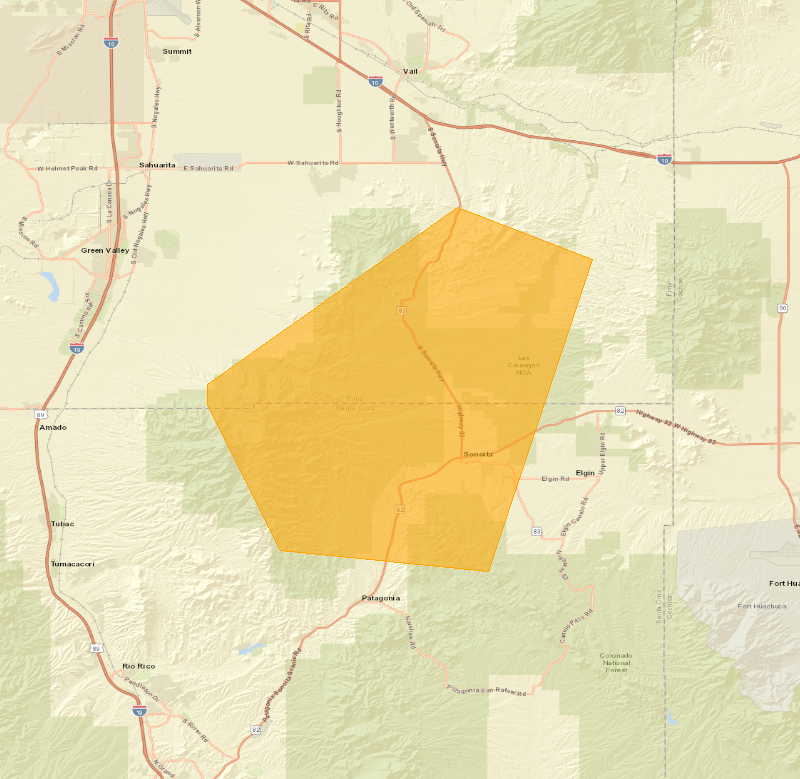 Map showing the Severe Thunderstorm Warning area (highlighted), covering Pima, AZ; Santa Cruz, AZ.