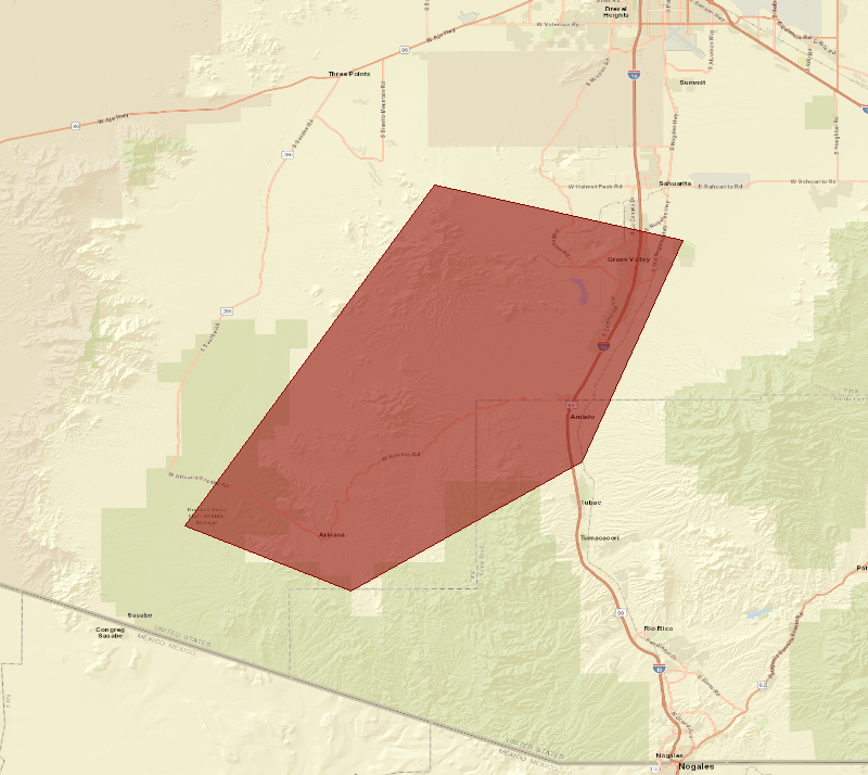 Map showing the Flash Flood Warning area (highlighted), covering Pima, AZ; Santa Cruz, AZ.