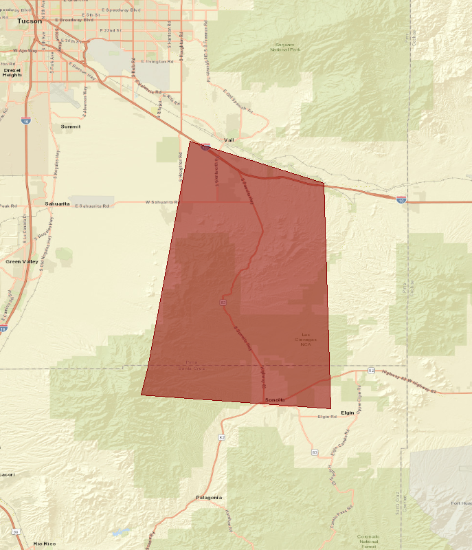 Map showing the Flash Flood Warning area (highlighted), covering Pima, AZ; Santa Cruz, AZ.
