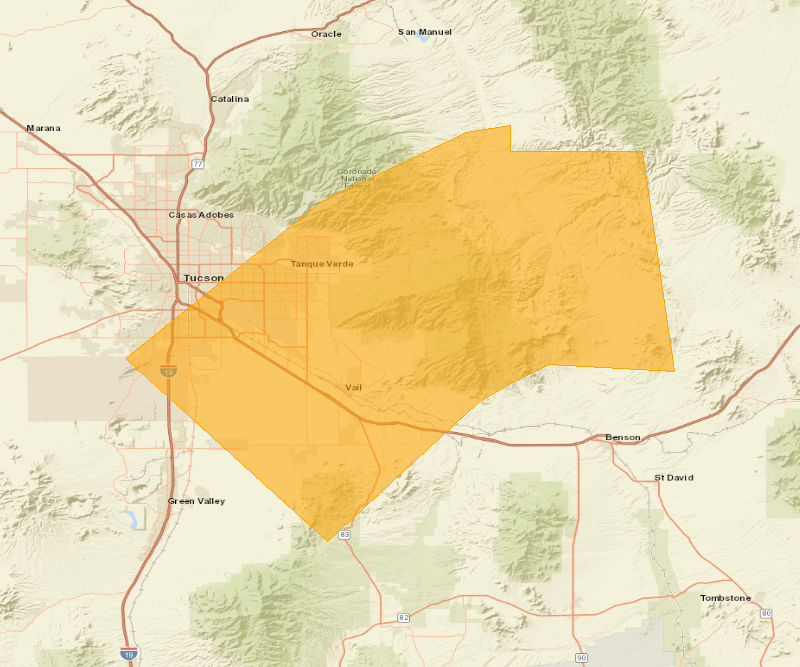 Map showing the Severe Thunderstorm Warning area (highlighted), covering Cochise, AZ; Pima, AZ.