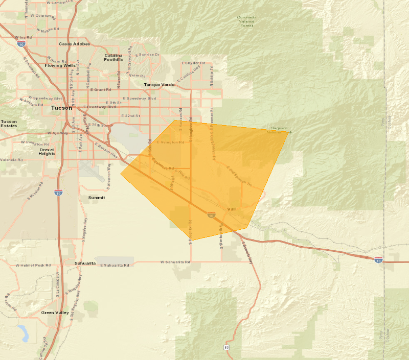 Map showing the Severe Thunderstorm Warning area (highlighted), covering Pima, AZ.