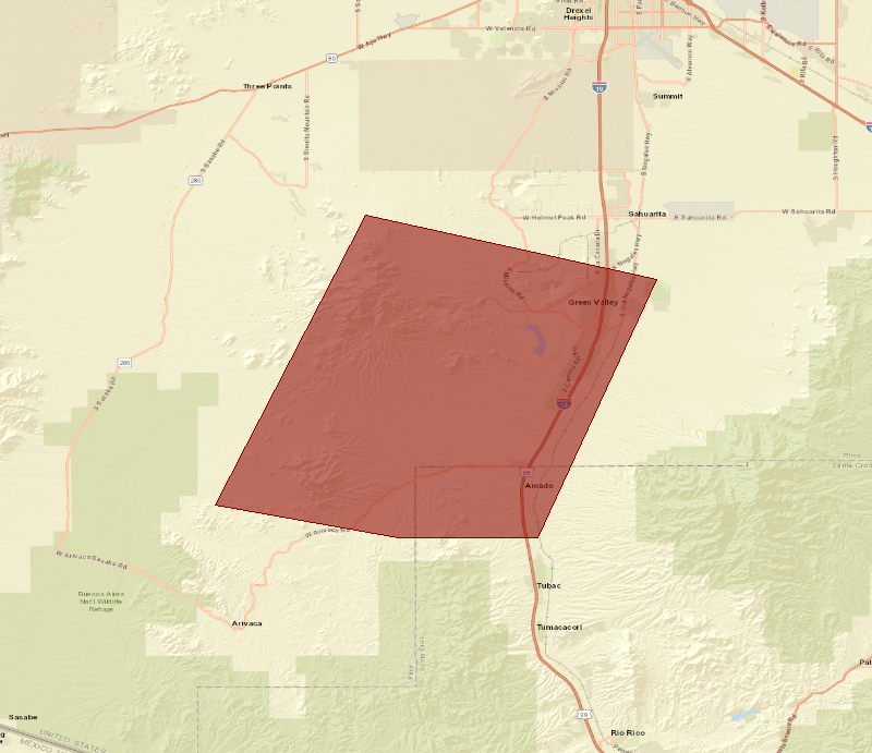 Map showing the Flash Flood Warning area (highlighted), covering Pima, AZ; Santa Cruz, AZ.