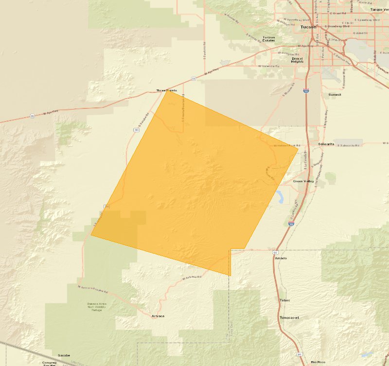 Map showing the Severe Thunderstorm Warning area (highlighted), covering Pima, AZ.