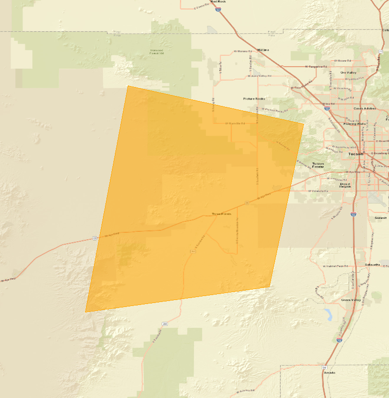 Map showing the Severe Thunderstorm Warning area (highlighted), covering Pima, AZ.