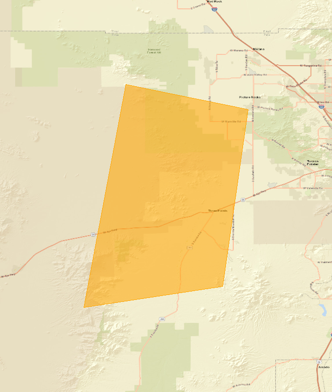 Map showing the Severe Thunderstorm Warning area (highlighted), covering Pima, AZ.