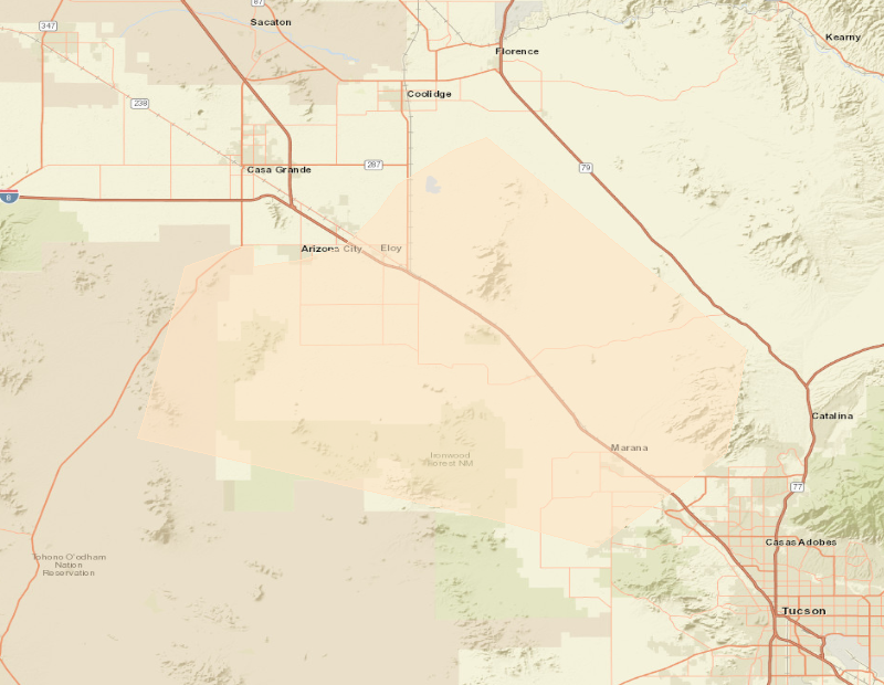 Map showing the Dust Storm Warning area (highlighted), covering Pima, AZ; Pinal, AZ.
