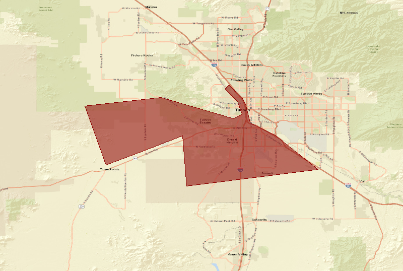 Map showing the Flash Flood Warning area (highlighted), covering Pima, AZ.