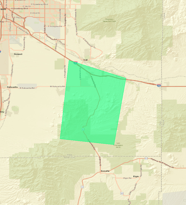Map showing the Flood Advisory area (highlighted), covering Pima, AZ.