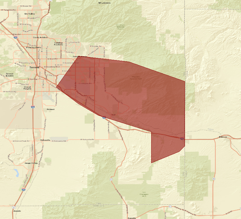 Map showing the Flash Flood Warning area (highlighted), covering Pima, AZ.