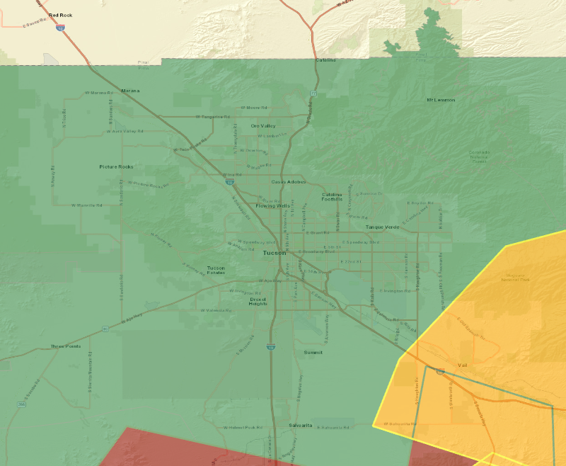 Map showing the Flood Watch area (highlighted), covering Tohono O'odham Nation including Sells; Upper Santa Cruz River and Altar Valleys including Nogales; Tucson Metro Area including Tucson/Green Valley/Marana/Vail; Upper San Pedro River Valley including….