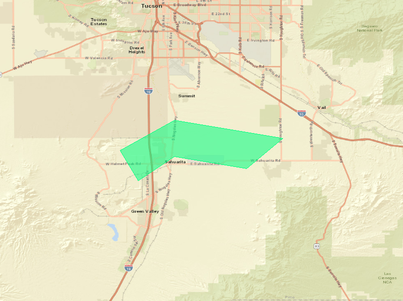 Map showing the Flood Advisory area (highlighted), covering Pima, AZ.