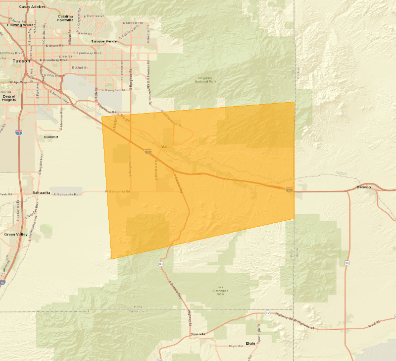 Map showing the Severe Thunderstorm Warning area (highlighted), covering Pima, AZ.